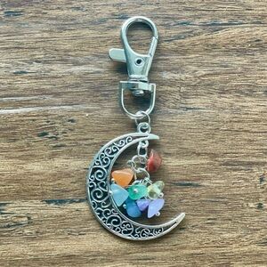 Silver Crescent Moon Keychain with Multicolor Gemstones